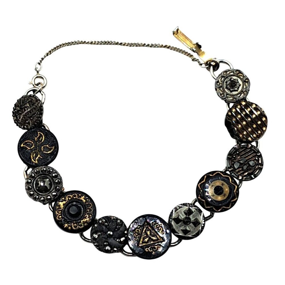 Antique Glass Button Bracelet With Black & Gold Tone Accents On Silver Tone Chai